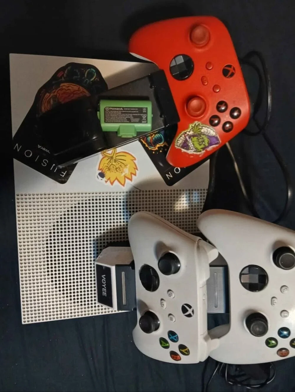 Xbox One S White Console Bundle with Two White Wireless Controllers and One Red